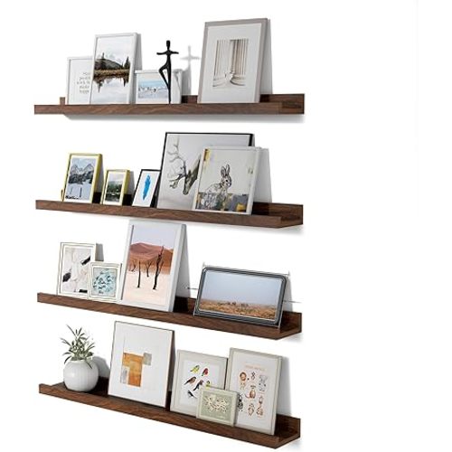 36 Inch Wood Floating Shelf - Nursery Book Shelf Wall Mounted - Picture Shelves for Wall with Ledge - Display Floating Shelves for Wall Decor - Wall Storage Shelves with Lip - Walnut, Set of 4