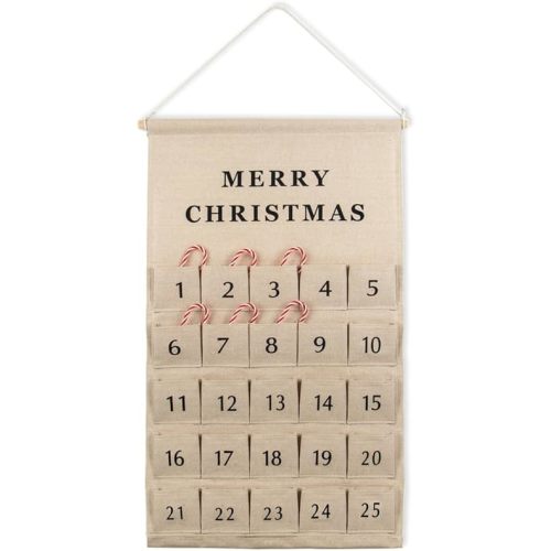 Christmas Countdown Advent Calendar with Pockets,Advent Calendars for Kids Chocolate & Candy,Countdown to Christmas Xmas Holiday Decorations,17x28 Inch (Beige)
