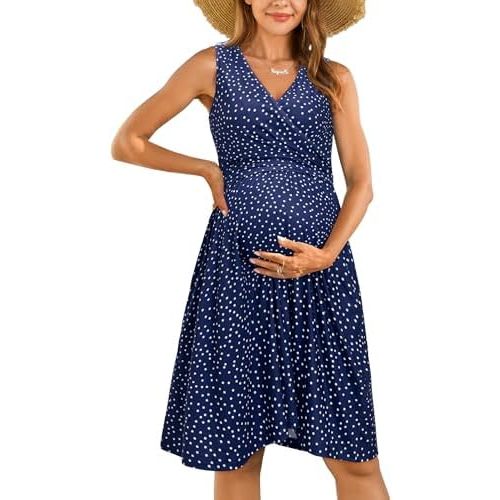 OUGES Womens V-Neck Sleeveless Summer Floral Maternity Dresses Nursing Gown Breastfeeding Dress