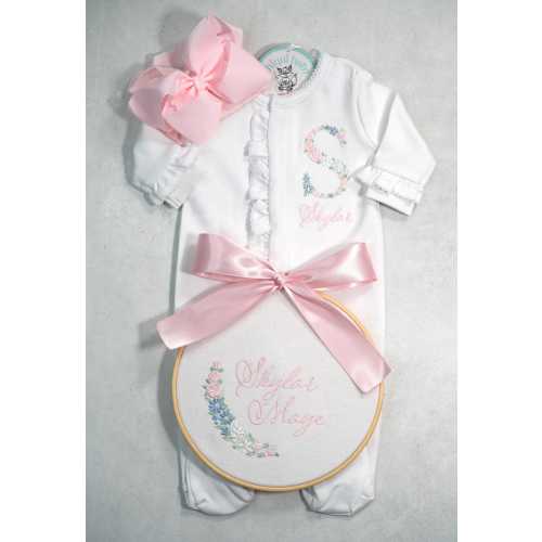 Baby Coming Home Outfit, Ruffle footie Blush Pink Pastels, Pima Cotton, Gift for Baby, Baby Shower, Customized embroidery, Personalized baby