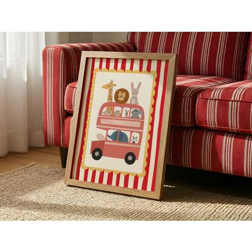 Safari Animals Bus Print, Toddler Room Decor, Striped Nursery Wall Art, Jungle Animal Poster, Red Bus Kids Art, Playful Kids Decor