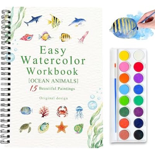 Watercolor Workbooks, 16 Colors Water Color Books Paint Set for Adults, Watercolor Coloring Book for Beginners, Water Color Workbook, 15 Beautiful Paintings for Beginners (Ocean Animals)