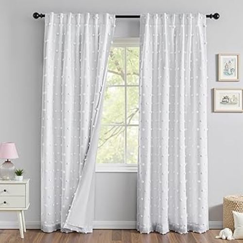 MYSKY HOME 100% White Blackout Curtains for Girls Bedroom 90 Inch Long Total Light Blocking Curtains for Living Room 2 Panels Room Darkening Back Tab Window Drapes with White Pom Pom Sheer 52W x 90L