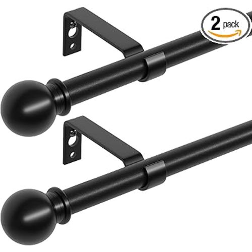 2 Pack 28-48 inch Black Metal Wall Mounted Curtain Rod Set with Brackets, 5/8" Adjustable Small Curtain Rods for Bedroom, Kitchen, Living Room, Grommet Curtains