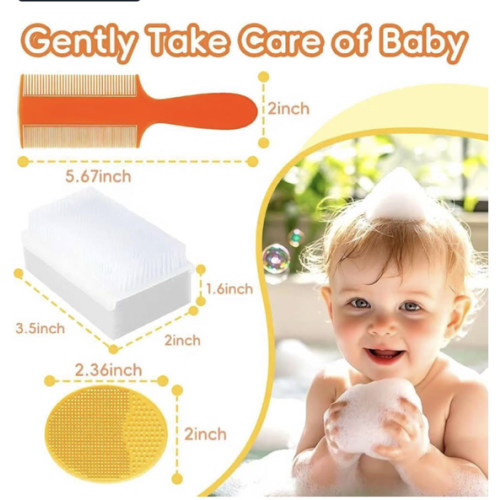 Cradle Cap Brush for Babies, Set of 5 Baby Bath Essentials with Bath Sponge Silicone Scrubber Long Handle Comb for Newborns Toddlers Boys Girls (Orange)