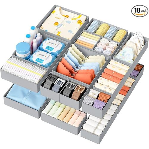 DIMJ Drawer Organizer Clothes - 18 Pack Closet Drawer Organizer Bins for Baby Clothes Storage, Fabric Dresser Organizer for Nursery Bedroom, Foldable Small Drawer Dividers for Underwear Socks