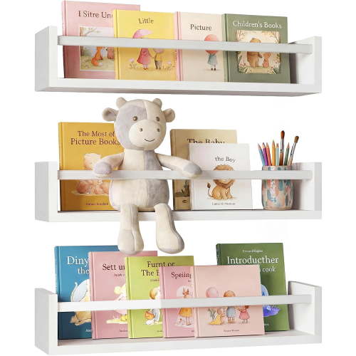 Floating Bookshelves for Wall, 16.5 Inch Wood Nursery Book Shelves Set of 3, Baby Kids Decor, Solid Wood Wall Mounted Shelves for Books, Toys and Decor Storage (White)