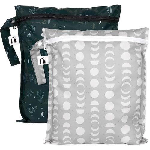 Bumkins Roamio - Waterproof Wet Bag - For Baby, Travel, Swim Suit, Cloth Diapers, Pump Parts, Pool, Gym, Toiletry, Strap to Stroller - Reusable & Easy to Clean - 2pk - Dk Green & Gray