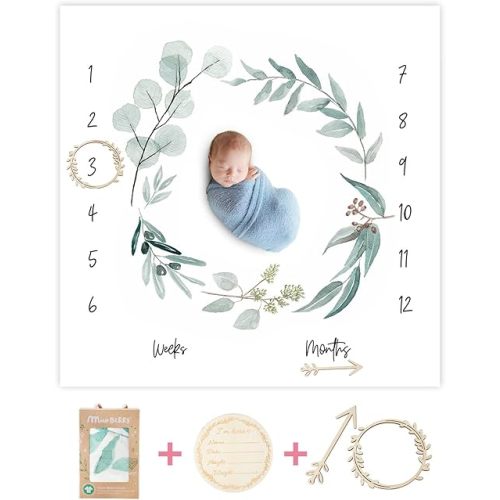 Organic Baby Monthly Milestone Blanket Newborn Boy Girl Unisex Gender Neutral| Green Leaf Wreath Eucalyptus Baby Nursery Month Picture Blanket| Growth Photography Background Prop|Birth Announcement