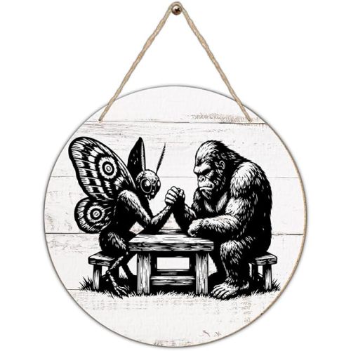 Funny Cryptid Arm Wrestling Wood Sign, Bigfoot Mothman Wall Decor