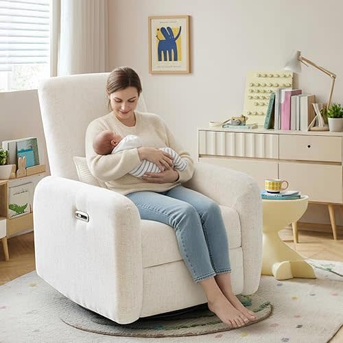 Nursery Rocking Chairs, 270° Oversized Power Swivel Glider Rocker Recliner w/USB & Type-C Charging Port, Rotating Rocking Reclining Nursing Chair for Breastfeeding, Living Room,Bedroom,Beige