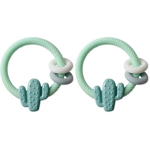 Itzy Ritzy Silicone Teether with Rattle; Features Rattle Sound, Two Silicone Rings and Raised Texture to Soothe Gums; Ages 3 Months and Up; Cactus (Pack of 2)