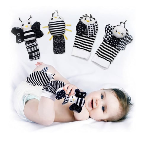 BABY K Baby Rattle Socks & Wrist Toys (Set E) - Newborn Toys for Baby Boy or Girl - Brain Development Infant Toys - Hand and Foot Rattles Suitable for 0-6, 6-12 Months Babies - Newborn Baby Gifts
