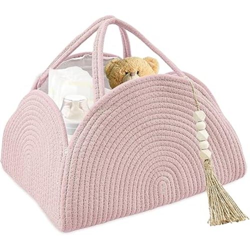 LYUHUYA Arc Design Cotton Rope Woven Baby Diaper Caddy Large Capacity Versatile Woven Diaper Storage Basket With Handle for Newborn(Pink,1)