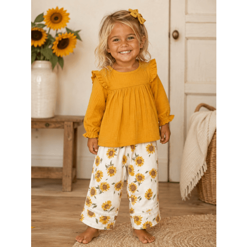 Long Sleeve Ruffle Tunic & Smocked Waist Pant, Baby Sunflower