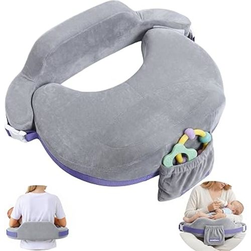 MOMFANN Nursing Pillow for Breastfeeding, 60D Firm Memory Foam, Ergonomic Lumbar Support & Safety Fence, Wider Cushion for Back Pain Relief, Adjustable Strap, Removable Machine Washable Cover -Gray
