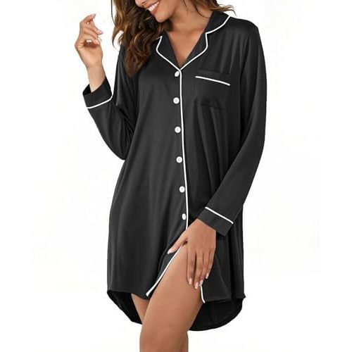 Nightgowns for Women Button Down Sleepshirt V Neck Nightshirt Soft Pajama Dress S-XXL