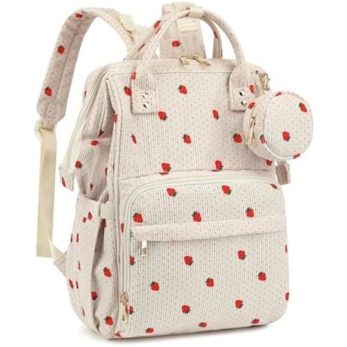 Corduroy Diaper Bag Backpack, Large Capacity Multifunction Baby Diaper Bags for Women, Insulated Bottle Pockets & Pacifier Case, Stylish Travel Nappy Changing Bags for Mom Dad (Strawberry)