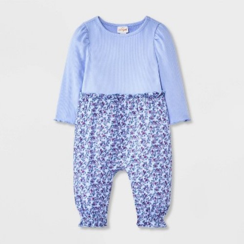 Baby Girls' Floral Ribbed Long Sleeve Romper - Cat & Jack™ Blue 6-9M