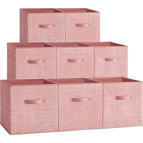 SONGMICS Storage Cubes, 13 x 13 x 13 Inches Non-Woven Fabric Bins with Double Handles, Set of 8, Closet Organizers for Shelves, Foldable, for Clothes, Jelly Pink UROB833R01