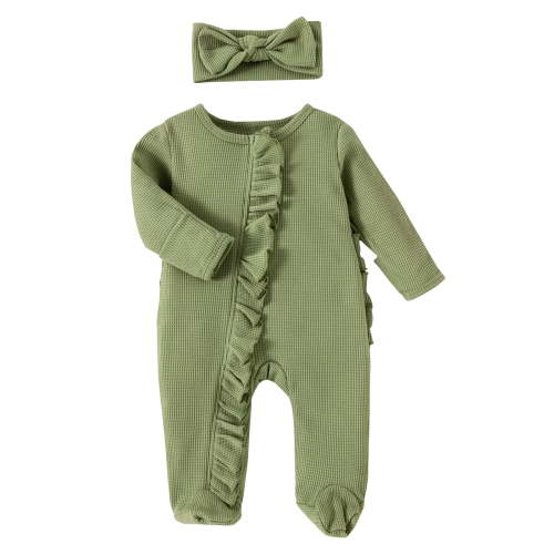 Curenmufel Baby Romper Girl One-piece Outfit Waffle Ruffle Zip Footie Spring Summer Clothes with Bow Headband 0 3 6 9 12 18 Months (Green,12-18 Months)