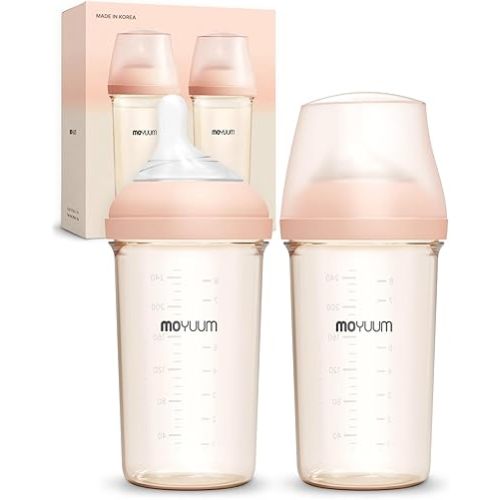Moyuum MOV.aa Premium PPSU Wide Neck Anti-Colic Baby Bottle | Made in Korea, Microplastic & BPA-Free, Breastfeed Transition, Natural Fit Nipples for Newborns & All Stages - 8 oz (2 Pack, Beige)