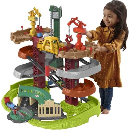 Thomas & Friends Trains & Cranes Super Tower, Ages 3+ | 2.5 ft tall multi-level playset, motorized Thomas + Percy + Harold, 63 pieces, 2x AAA batteries Required (Amazon Exclusive)