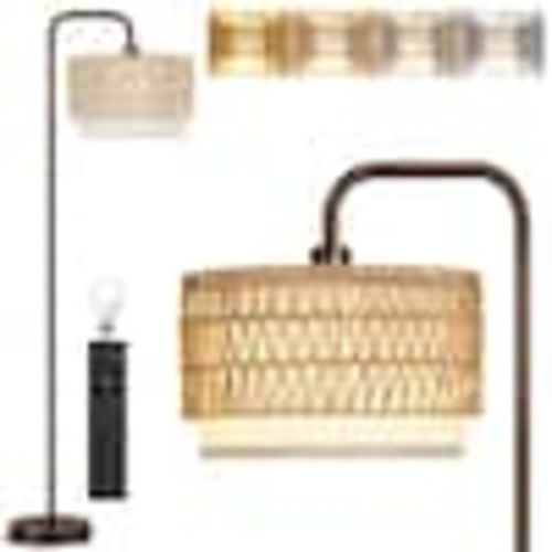 BICIK 68 in. Brown 1-Light Dimmable Standard Floor Lamp with Color Temperature and Woven Rattan Linen Shade for Living Room CJD04-WT