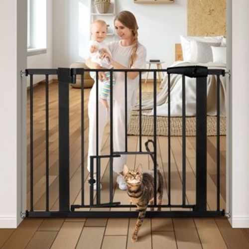 GOTGELIF Baby Safety Gate with Pet Door 29.5" to 40.5" Wide - Auto Close - Pressure Mount - Pet Gate - Black