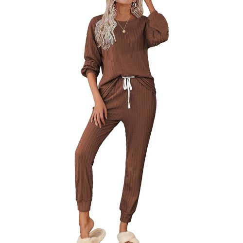 Ekouaer Womens Pajamas Set Ribbed Knit Long Sleeve Pullover Top Jogger Pants Set 2 Piece Lounge Set Sleepwear Tracksuit S-XXL