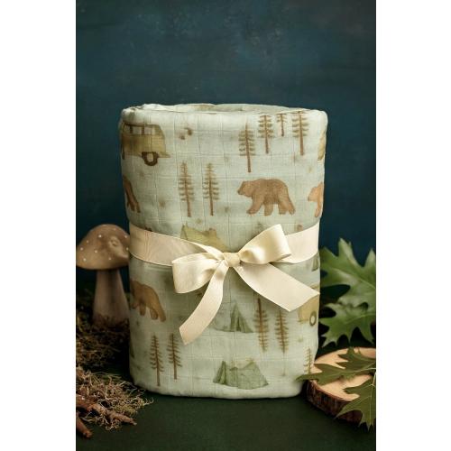 Woodland Camping Bear Organic Muslin Baby Blanket – Bamboo Cotton – Moon Baby Organics