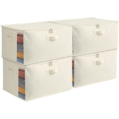 4 Pack Large Canvas Comforter Storage Bags Closet Organizer for Clothes Sweater Clothes Organizer with Dual Zipper Three Carrying Handles for Blanket Closet Storage Container