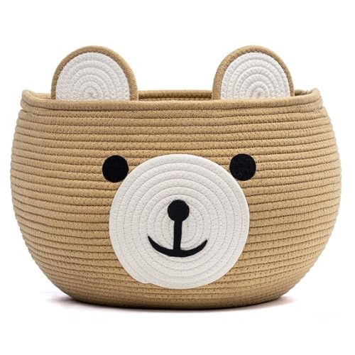 CherryNow Baby Basket for Newborn, Empty Baskets for Gift, Medium Animal Basket for Toy Clothes Towel, Woven Rope Bear Baskets for Kids, Brown, 15.7"D x 10.5"H