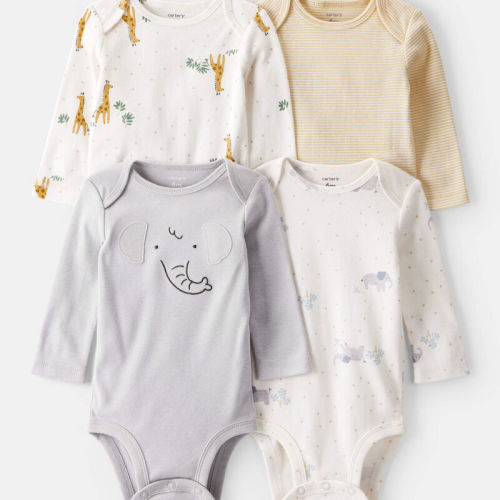 Baby 4-Pack Safari Print Cotton Long-Sleeve Multipack Bodysuits - White | Carter’s Oshkosh Canada