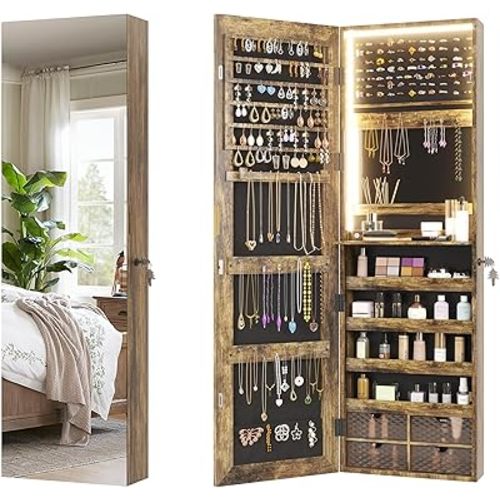 Vlsrka 47.2" LED Rustic Brown Jewelry Armoire Organizer, Wall/Door Mounted with Full-Length Mirror, Large Storage Hanging Cabinet, 4 Drawers, 5 Shelves, Built-in Lighted Mirror