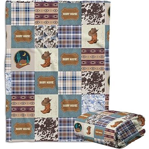 Baby Western Blankets, Cowboy Baby Blankets, Personalized Western Plaid Blanket for Boys Girls, Baby Boy Stuff, CustomName Fleece Blanket for Infant Newborn Son Daughter
