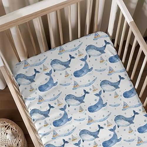 Cute Watercolor Sea Whales Boats Pattern Baby Sheets for Crib, Unisex Ocean Animals Nursery Fitted Bed Sheet for Boys Girls Standard Crib and Toddler Mattress-28x52