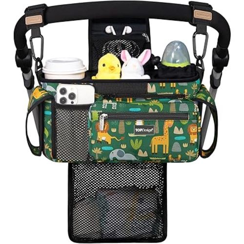 TOPDesign Universal Baby Stroller Organizer, Stroller Caddy with Detachable Mesh Bag & Heightened Insulated Cup Holders & Non-Slip Secure Hooks Accessories, Fits Most Strollers (Zoo 2)