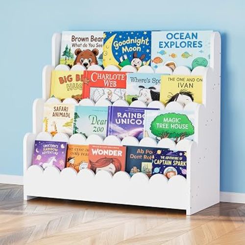 SpaceAid 4-Tier Scalloped Bookshelf, Montessori Bookcase for Toddlers, Wooden Book Shelf Organizer Display Furniture for Kids Rooms, Playroom, Nursery and Classroom, 29.6“ Wide, White