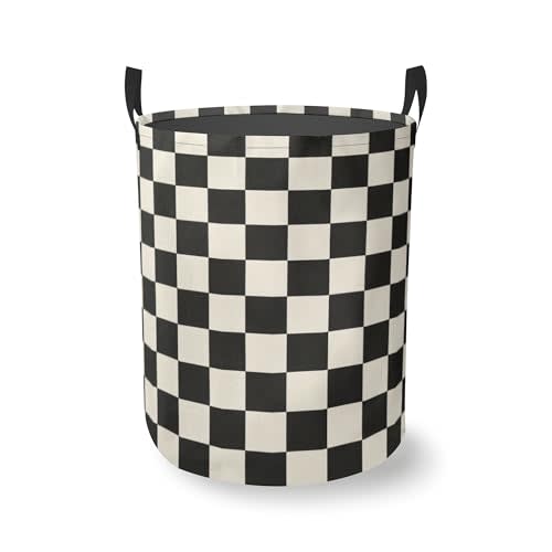 Black White Checkered Round Laundry Hamper Storage Basket Toys Clothes Organizer Bin For Home Bathroom Bedroom Dorm Nursery