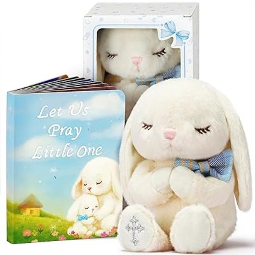 Baptism Gifts for Boys, Great Christening, Dedication and Baptism Gift Set for Boys and Newborn Baby, Includes 7" Praying Bunny Plush Toy and Let Us Pray Baby Book in Keepsake Gift Box