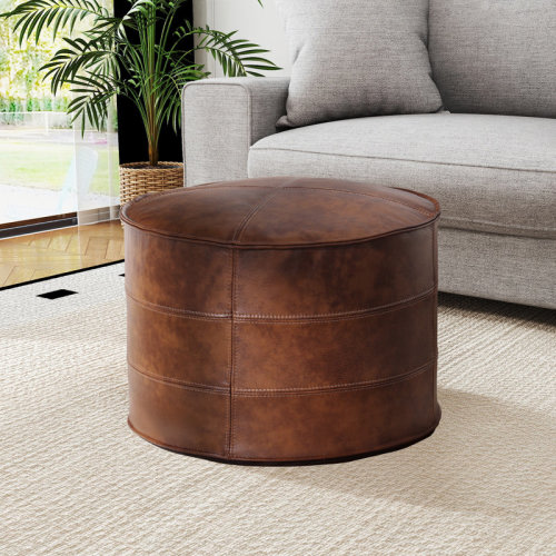 Lark Manor™ OEKO-TEX® STANDARD 100 Upholstered Footrest Pouf Full-Grain Genuine Leather Round Ottoman & Reviews | Wayfair