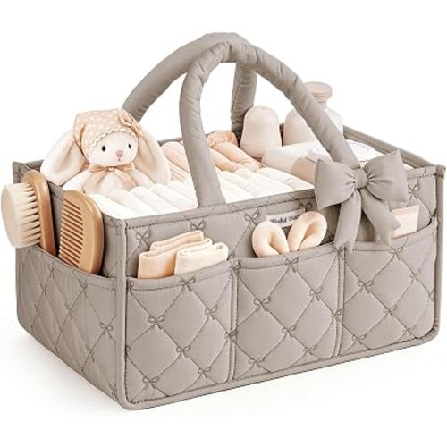 Blissful Diary Baby Diaper Caddy Organizer, Nursery Basket, Bow Sand