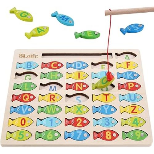 Slotic Magnetic Wooden Fishing Game Toy for Toddlers - Alphabet ABC Fish Catching Counting Learning Education Math Preschool Board Games Toys Gifts for 3 4 5 Years Old Girl Boy Kids