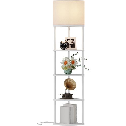 Qupui Floor Lamp with Shelves, Modern 5 Tier Corner Stand Lamp with 3 Color Temperature Bulb, Storage Home Decor Organizer Shelves for Bedroom Living Room, White