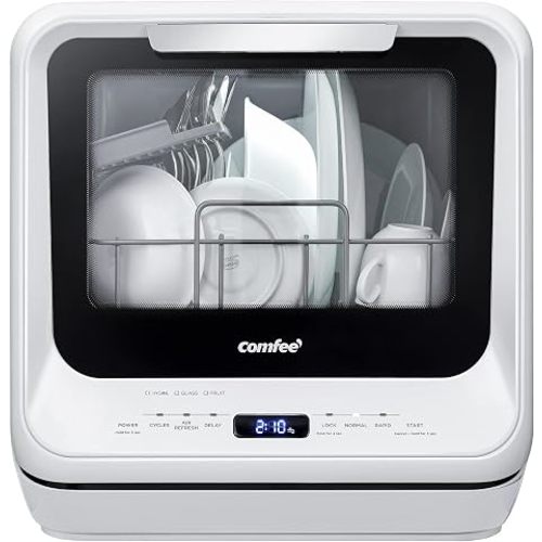 COMFEE' Portable Dishwasher Countertop with 5L Built-in Water Tank, No Hookup Needed, 6 Programs, 360° Dual Spray, 192℉ High-Temp& Air-Dry Function, Mini Dishwasher for RVs, White