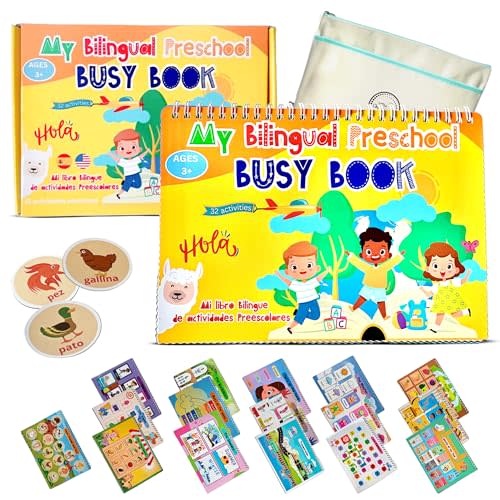 Little Charlie Lu Busy Book for Toddlers 3 and Up – Preschool Learning Activities Bilingual Book in Spanish and English with 32 Activities – Educational Toddler Activity Book with 8 Color Markers