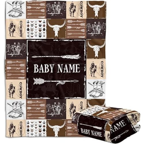 Baby Cowboy Blankets, Personalized Western Baby Blanket for Boys, Fleece Blankets for Girls, Custom Name 3 Sizes Fleece Blanket for Infant Newborn Son Daughter Toddlers Youth