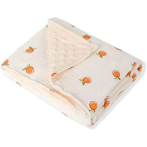 Baby Boys Girls Minky Blanket with Muslin Cotton Front and Dotted Fleece Backing, Soft Nursery Receiving Blankets for Newborn Toddler Crib Stroller Car Seat (Orange)
