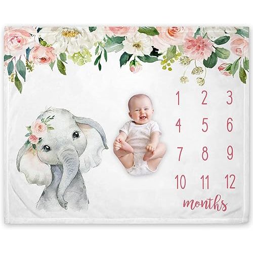 Floral Elephant Baby Monthly Milestone Blanket, Soft Fleece Jungle Elephant Girl's Blanket, Newborn Infant Nursery, Includes Marker (White, 50x40 inch )